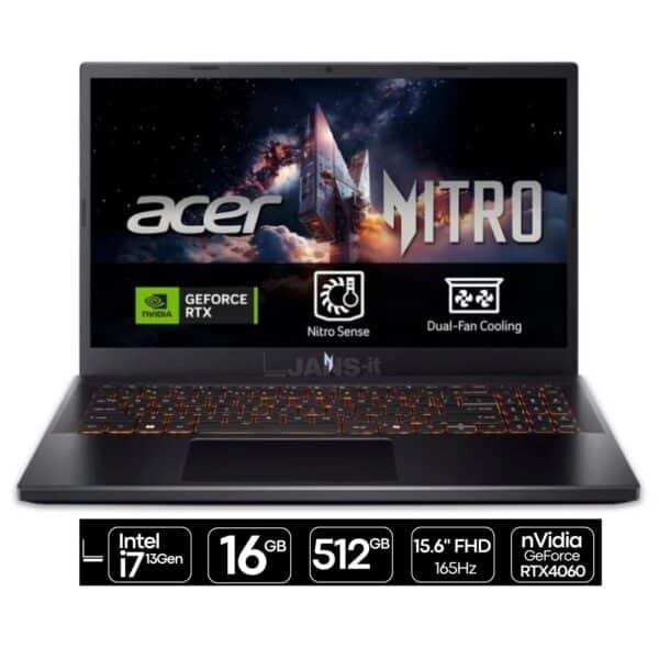 Portátil gaming Acer Nitro V 15 ANV15-51 con i7-13620H, 16GB RAM, 512GB SSD y RTX 4060 – Imagen principal | JANSit Imagen principal del portátil gaming Acer Nitro V 15 ANV15-51 equipado con procesador Intel Core i7-13620H, 16GB de memoria RAM, 512GB de almacenamiento SSD y tarjeta gráfica RTX 4060. Un equipo potente y equilibrado, ideal para gaming, multitarea y creación de contenido, con diseño moderno y sistema de refrigeración eficiente para un rendimiento estable, disponible en JANSit.es.