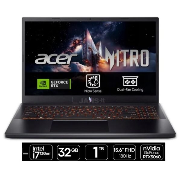 Portátil gaming Acer Nitro V 15 ANV15-52 con i7-13620H, 32GB RAM, 1TB SSD y RTX 5060 – Imagen principal | JANSit Imagen principal del portátil gaming Acer Nitro V 15 ANV15-52 equipado con procesador Intel Core i7-13620H, 32GB de memoria RAM, 1TB de almacenamiento SSD y tarjeta gráfica RTX 5060. Un portátil potente diseñado para gaming exigente, streaming y creación de contenido, con rendimiento fluido y gran capacidad multitarea, disponible en JANSit.es.