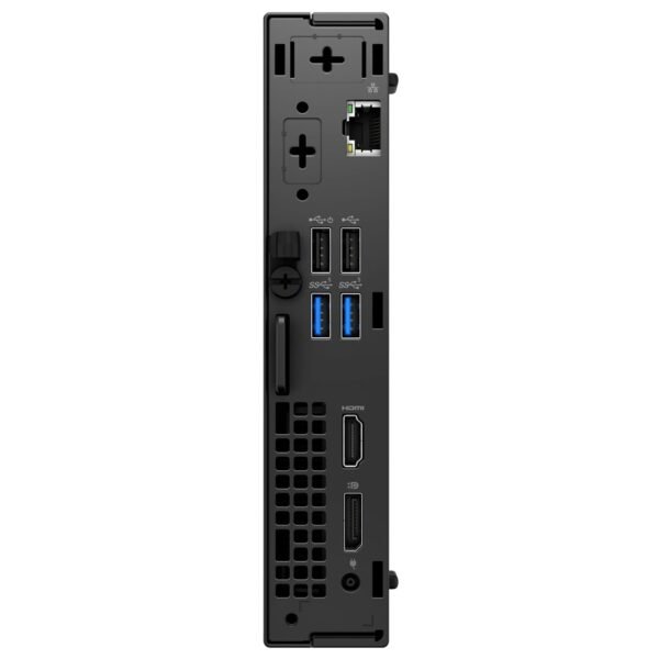 Vista trasera del mini PC reacondicionado Dell Optiplex 3000 Micro, mostrando los puertos DisplayPort, HDMI, USB 3.2, Ethernet Gigabit y la entrada de alimentación para JANSit.es.