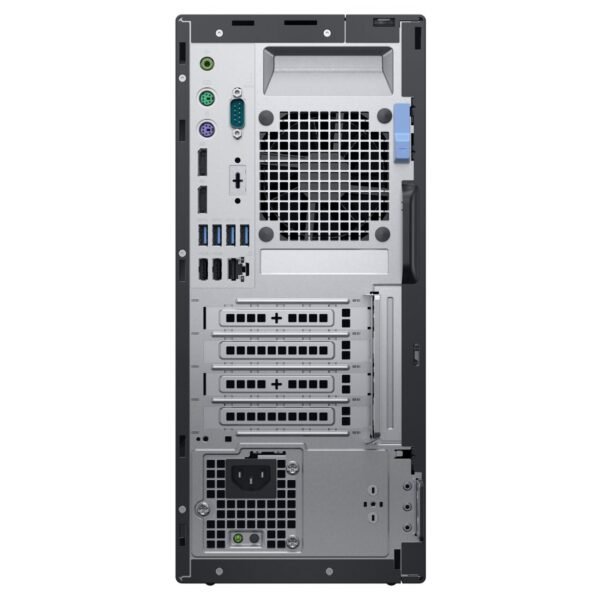 Vista trasera del ordenador reacondicionado Dell Optiplex 7060 Tower, mostrando los puertos USB, dos salidas DisplayPort, puerto serie RS-232 y ranuras de expansión para JANSit.es.