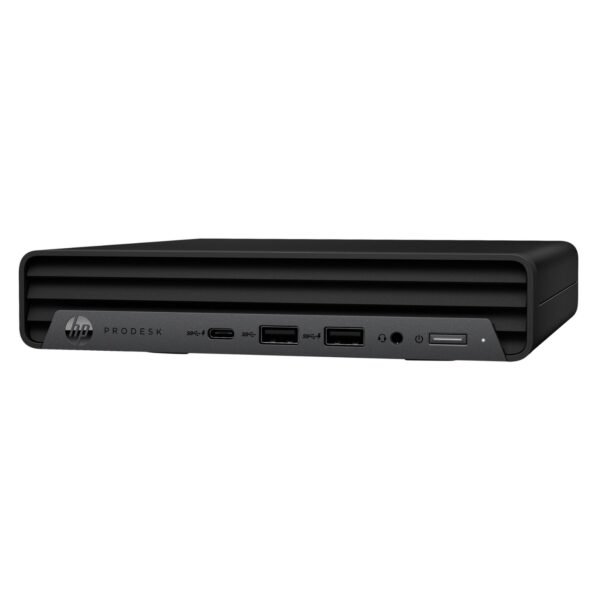 Vista lateral derecha del Mini PC reacondicionado HP EliteDesk 400 G6 Mini, mostrando el chasis de acero con ranura para candado de seguridad Kensington para JANSit.es.