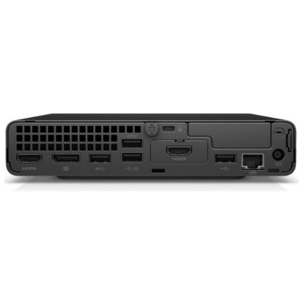Vista trasera del Mini PC reacondicionado HP EliteDesk 400 G6 Mini, mostrando las salidas de vídeo HDMI y DisplayPort, puertos USB 3.1 y conexión Ethernet para JANSit.es.