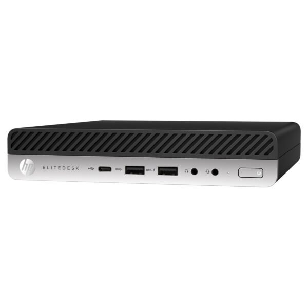 Vista lateral derecha del Mini PC reacondicionado HP EliteDesk 800 G4 Mini, mostrando el sistema de cierre del chasis y el slot de seguridad Kensington para JANSit.es.