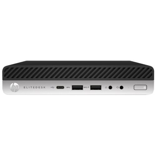 Mini PC profesional reacondicionado HP EliteDesk 800 G4 Mini con procesador Intel Core i5-8500T, puerto USB-C frontal y diseño ultra compacto en color negro y gris para JANSit.es.