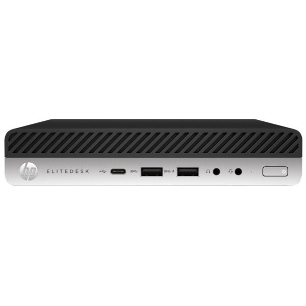 Mini PC profesional reacondicionado HP EliteDesk 800 G4 Mini con procesador Intel Core i5-8500T, puerto USB-C frontal y diseño ultra compacto en color negro y gris para JANSit.es.