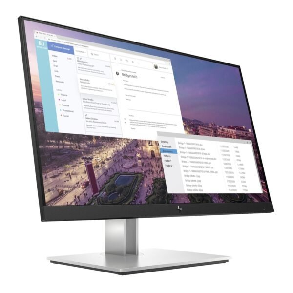 Perfil lateral del monitor reacondicionado HP EliteDisplay E23 G4, mostrando su base ergonómica ajustable en altura y el diseño delgado del panel IPS para JANSit.es.