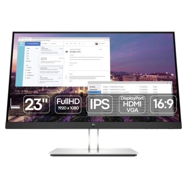 Monitor profesional reacondicionado HP EliteDisplay E23 G4 de 23 pulgadas, con panel IPS FullHD, diseño de marco ultrafino en tres lados y peana ergonómica ajustable, disponible en JANSit.es.
