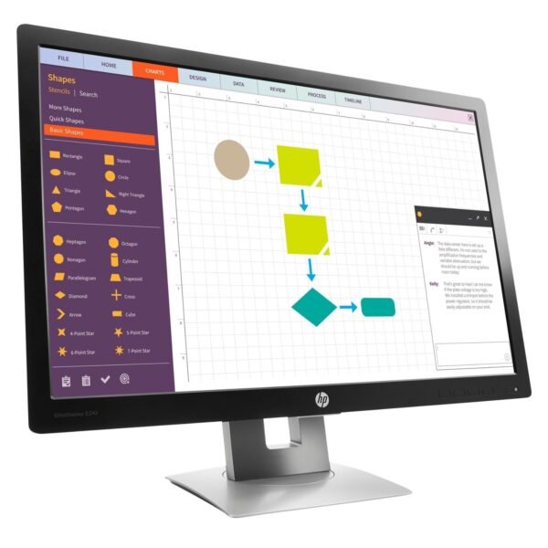 Perfil lateral del monitor reacondicionado HP EliteDisplay E242, destacando su peana ergonómica con ajuste de altura y la robustez del chasis profesional para JANSit.es.