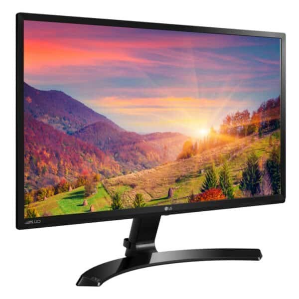 Perfil lateral izquierdo del monitor de 32 pulgadas LG 32MP58HQ-P reacondicionado, destacando su chasis delgado y la base curva ArcLine para JANSit.es.