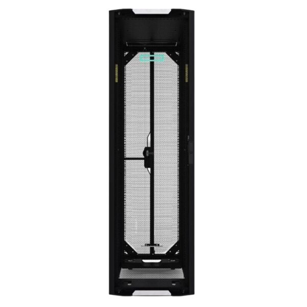 Parte delantera del rack HP P9K07A G2 de 42U con puerta de malla perforada para ventilación masiva, logo de HP y sistema de cierre con llave, reacondicionado por JANSit.es.
