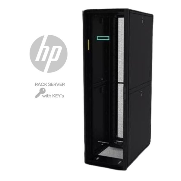 Armario rack profesional HP P9K07A G2 Advanced de 42U, reacondicionado, mostrado sobre su pallet de transporte original, incluyendo puertas ventiladas y juego de llaves de seguridad para JANSit.es.