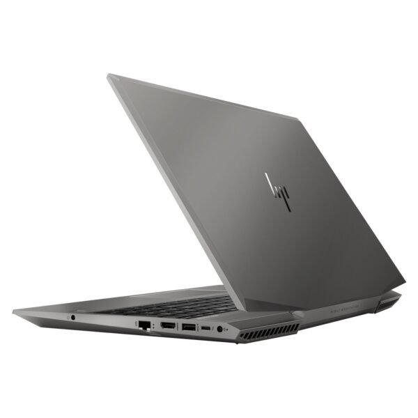 Parte trasera de la workstation HP ZBook 15 G6 reacondicionada, mostrando las salidas de aire del sistema de refrigeración dual y el chasis de aluminio reforzado para JANSit.es.