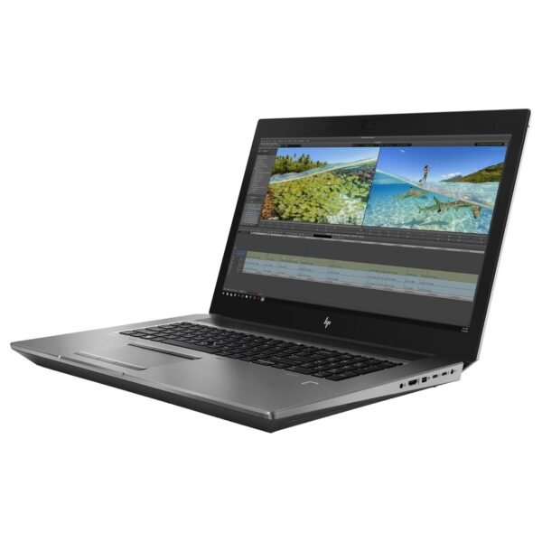 Vista lateral derecha de la workstation portátil HP ZBook 17 G6 reacondicionada, mostrando dos puertos Thunderbolt 3, HDMI 2.0, Mini DisplayPort y conector de alimentación para JANSit.es.