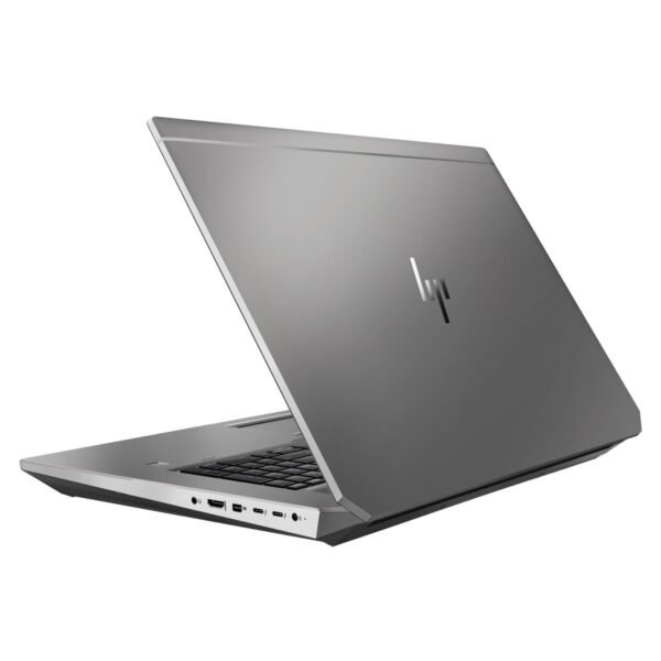 Parte trasera de la workstation HP ZBook 17 G6 reacondicionada, mostrando las amplias rejillas de ventilación, el puerto RJ-45 Gigabit Ethernet y las bisagras reforzadas para JANSit.es.
