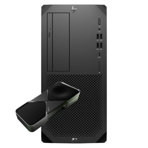 Workstation profesional reacondicionada HP Z2 G9 de última generación, mostrando su chasis compacto y elegante, equipada con la tarjeta gráfica NVIDIA GeForce RTX 5070 para JANSit.es.