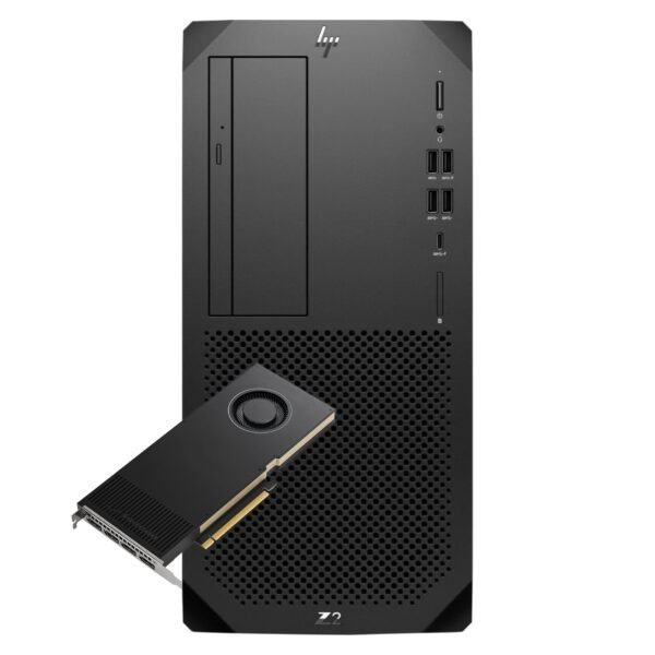 Workstation profesional reacondicionada HP Z2 G9 en formato torre, mostrando su diseño moderno de la serie Z, configurada con tarjeta gráfica NVIDIA RTX A4000 para alto rendimiento en JANSit.es.