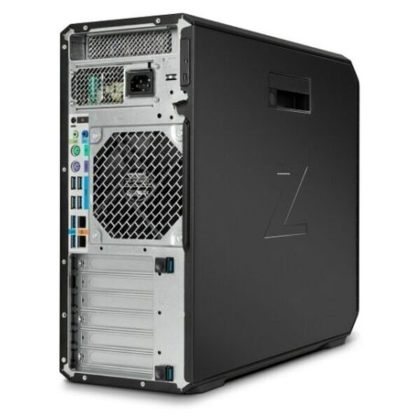 Panel Posterior y Conectividad HP Z4 G4 | Versatilidad para Entornos Multi-Monitor Vista trasera de la workstation HP Z4 G4 reacondicionada, mostrando los puertos de la placa base, la fuente de alimentación de alta eficiencia y las cuatro salidas DisplayPort de la tarjeta gráfica NVIDIA RTX A4000 en JANSit.es.