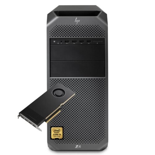 Workstation profesional reacondicionada HP Z4 G4 en posición vertical, mostrando su chasis robusto de la serie Z, configurada con procesador Intel Core i9 y tarjeta gráfica NVIDIA RTX A4000 para JANSit.es.