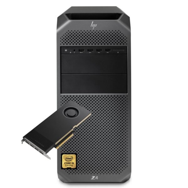 Vista Frontal Workstation HP Z4 G4 | Rendimiento de Élite i9 y RTX A4000 Workstation profesional reacondicionada HP Z4 G4 en posición vertical, mostrando su chasis robusto de la serie Z, configurada con procesador Intel Core i9 y tarjeta gráfica NVIDIA RTX A4000 para JANSit.es.