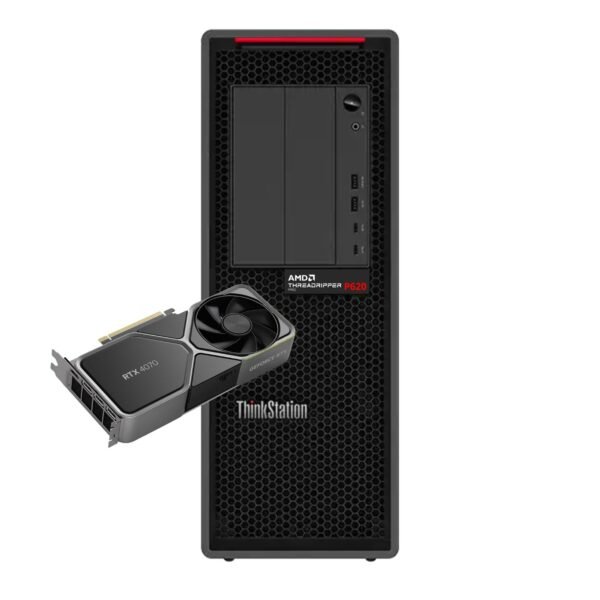 Vista Principal Lenovo ThinkStation P620 | Potencia Threadripper PRO y Gráfica RTX 4070 Ti Estación de trabajo profesional reacondicionada Lenovo ThinkStation P620 en color negro, equipada con procesador AMD Threadripper PRO y tarjeta gráfica NVIDIA GeForce RTX 4070 Ti para JANSit.es.