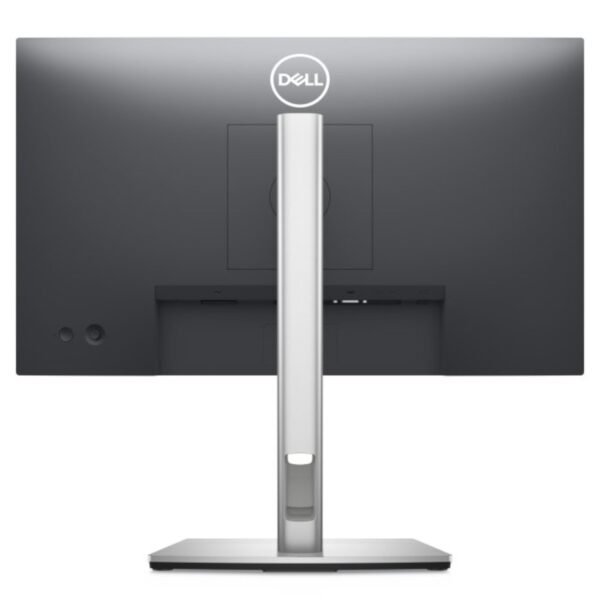 Vista trasera del monitor reacondicionado Dell P2222H Grade A+, mostrando el sistema de gestión de cables en la peana y los puertos HDMI, DisplayPort, VGA y USB para JANSit.es.