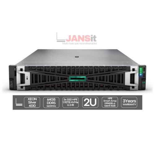 Servidor Novo em Caixa Selada HPE DL380 Gen11 3x SSD NVMe Imagem Principal JANSit HP ProLiant DL380 G11 | Xeon Silver 4510 | 64GB | 3xSSD 1.92TB | MR408i | 2x Fontes 1000W