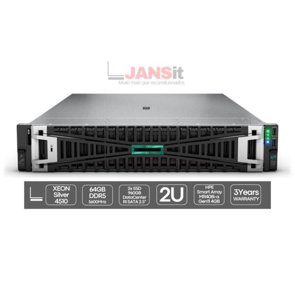 Servidor Novo em Caixa Selada HPE DL380 Gen11 2x SSD NVMe Imagem Principal JANSit HP ProLiant DL380 G11 | Xeon Silver 4510 | 64GB | 2xSSD 960GB | MR408i | 2x Fuentes 1000W